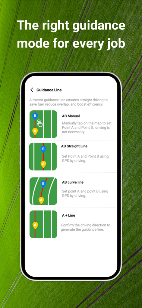 Tractor GPS : Field Navigator - Interface of the Tractor GPS app showing different guidance line modes like AB manual, straight line, and curve line for field navigation.
