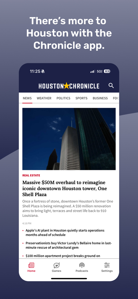 Houston Chronicle - Houston Chronicle app home screen featuring local news and real estate stories.