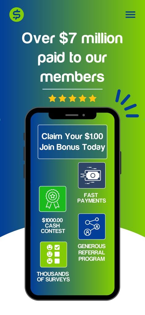 SuperPayMe app home screen promoting cash rewards and survey features
