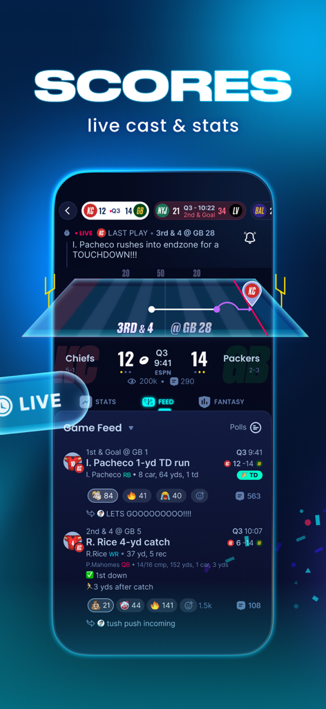 Sleeper app screenshot showing live NFL scores with 3D play visualization and social game feed