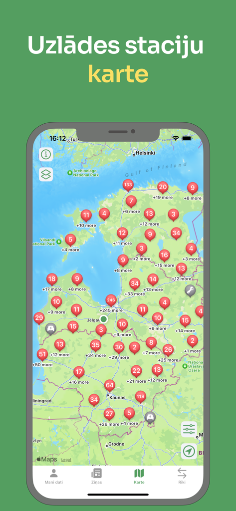 Map showing electric vehicle charging stations in Latvia on the EV Life LV mobile app