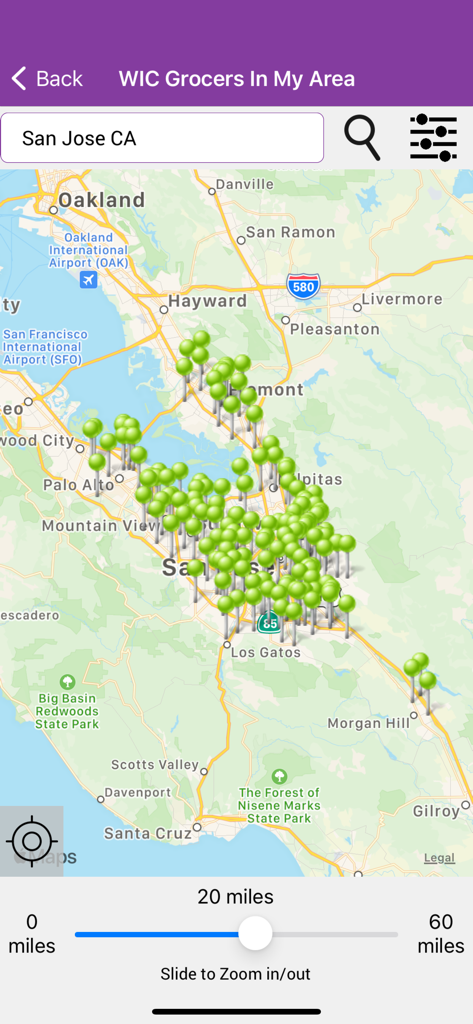 California WIC App - サンノゼ、カリフォルニア州のWIC食料品店を示す地図。距離スライダーは20マイルに設定されています。