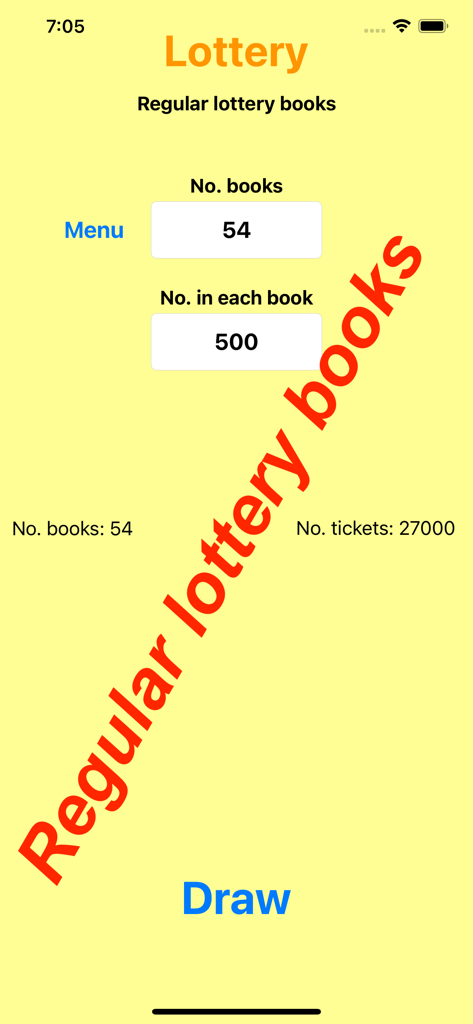 LotteryMaster 앱에서 책 수와 총 티켓 수를 보여주는 일반 복권 책 구성 화면