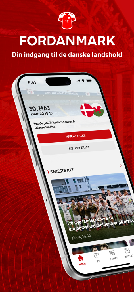 ForDanmark - ForDanmark mobile app home screen showing football match details and latest news for the Danish National Team.