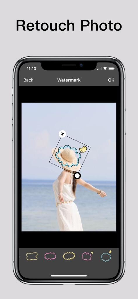Photo Retouch - Remove object - Interface do aplicativo Retoque de Fotos mostrando a ferramenta de remoção de marca d'água sendo usada em uma foto de praia
