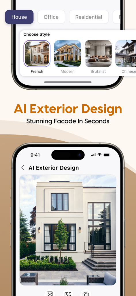 Bildschirm eines Smartphones, der KI-generierte Außenansicht-Optionen für Häuser und eine moderne Hausfassade zeigt