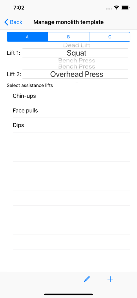 5/3/1 Workout logger - 531 - Oberfläche zur Anpassung einer Monolith-Trainingsvorlage mit Auswahl der Übungen und unterstützenden Übungen