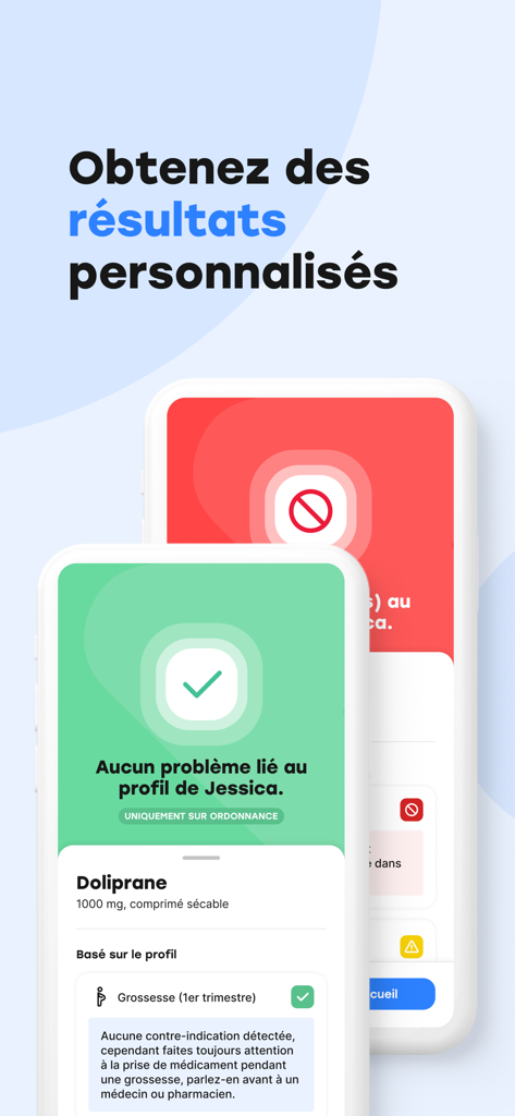 Goodmed - Scan de médicaments - Goodmed App-Oberfläche, die personalisierte Medikamentensicherheitsergebnisse mit grünen und roten Statusanzeigen für Schwangerschaft anzeigt