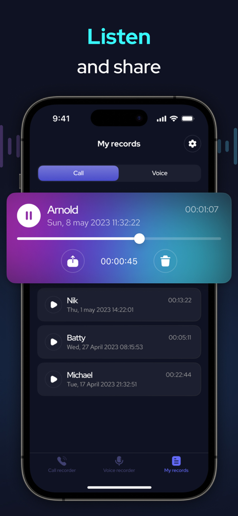 Interface of the Call Recorder app showing a list of recorded calls with playback and sharing options on an iPhone.