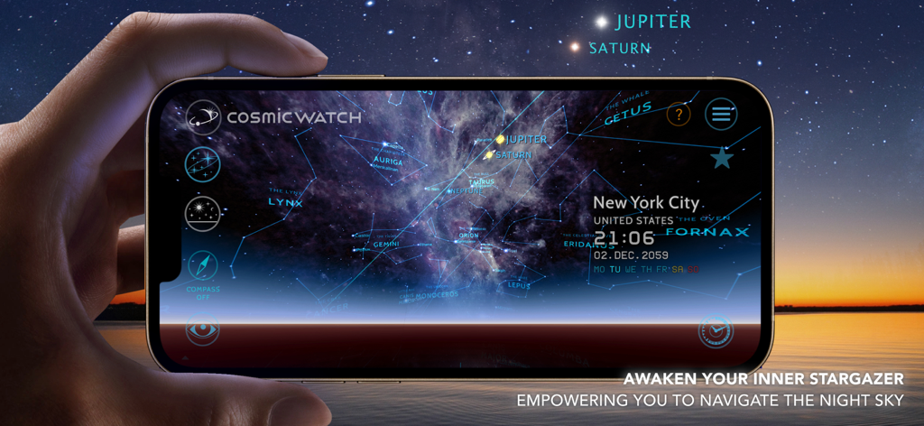 Pantalla de smartphone mostrando la aplicación Cosmic Watch con constelaciones y planetas en el cielo nocturno