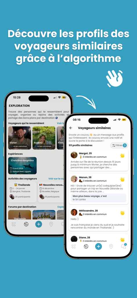 Go Frenchies - Go Frenchies App-Oberfläche, die die Erkundungsseite und eine Liste ähnlicher Reisendenprofile zur Kontaktaufnahme anzeigt