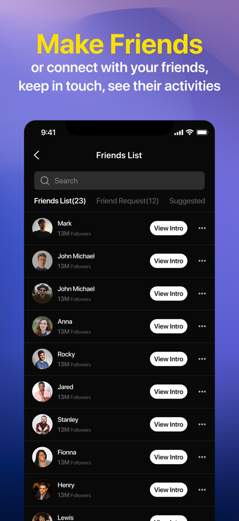 lit.it - Short Video App - A friends list interface in the lit.it app showing user profiles and follower counts