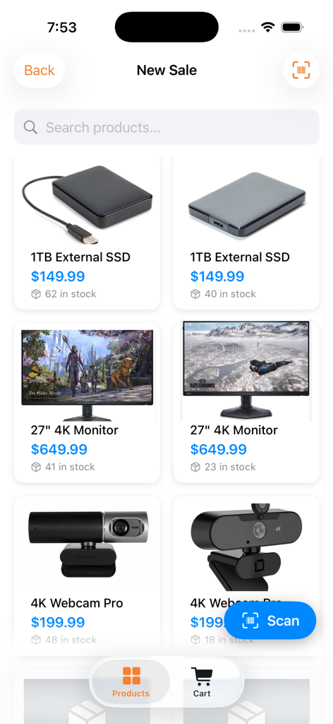 Interfaz de aplicación móvil mostrando un catálogo de productos con precios y niveles de stock para procesar nuevas ventas.