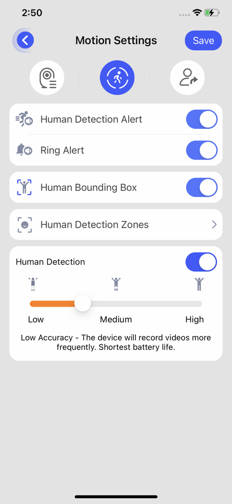 Pantalla de configuración de movimiento de la aplicación LiveHome mostrando detección humana y opciones de alerta