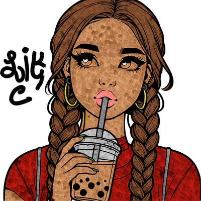 realistic girl with braided hair drinking boba
