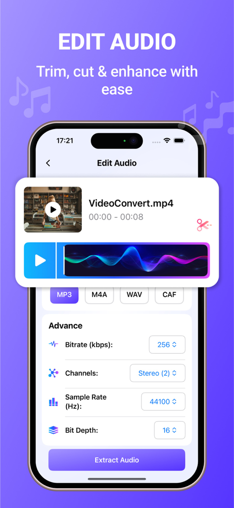 MP3 Converter: Audio Tools - Mobile app interface for editing and extracting audio from video files