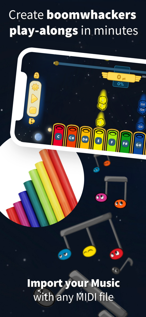 World of Music - La interfaz del juego Astro Whacker en la aplicación World of Music mostrando acompañamientos de boomwhackers