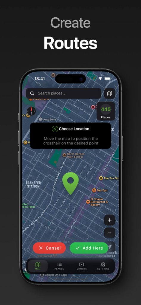 Uma interface de aplicativo móvel exibindo um mapa da cidade com um pino para criar rotas de exploração.