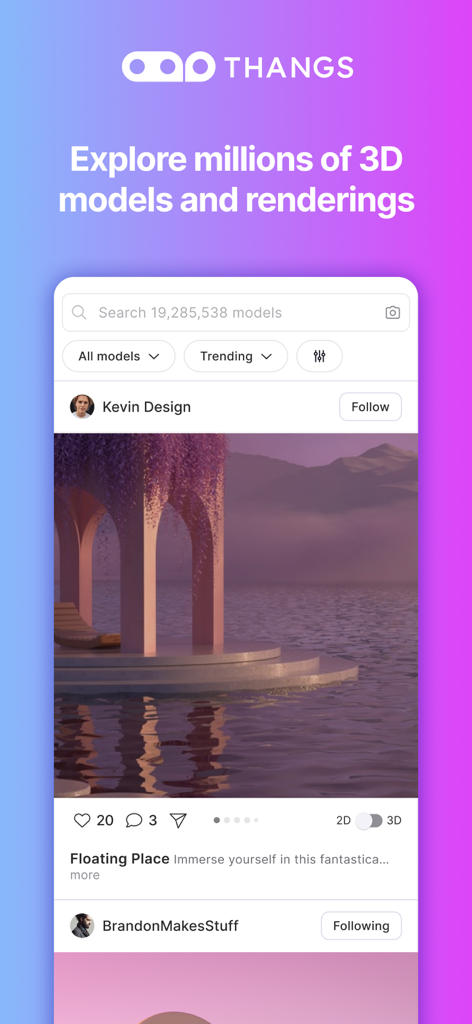 Thangs - Die Thangs-App-Oberfläche zeigt eine Suchleiste für Millionen von 3D-Modellen und einen Community-Feed mit einem digitalen Rendering.