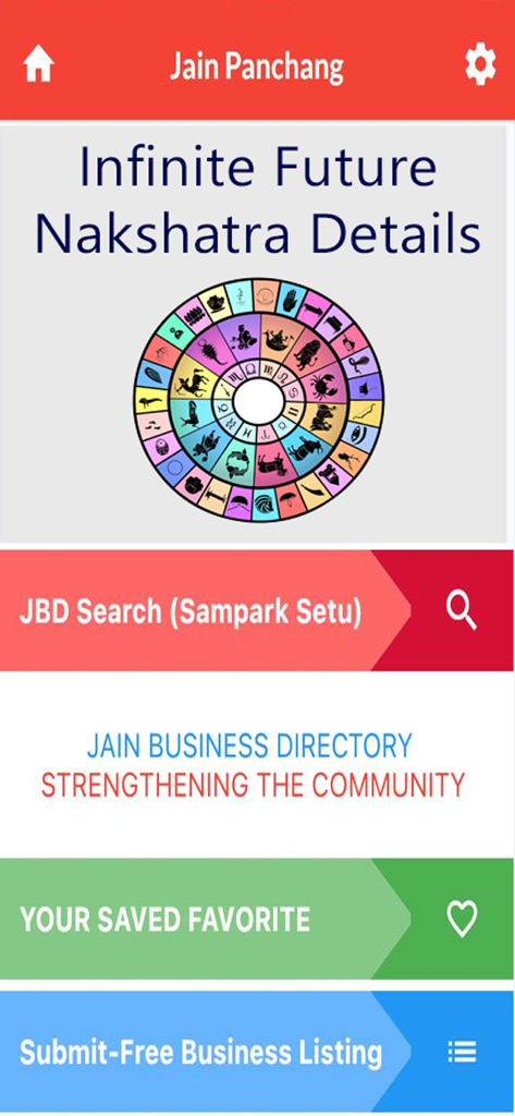 Jain Panchang app home screen with a colorful Nakshatra wheel and business directory search options