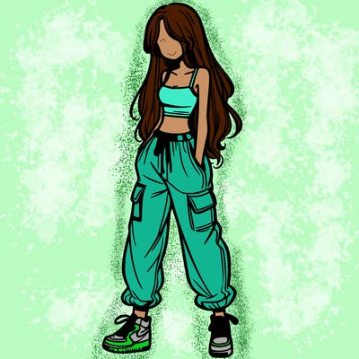 girl in baggy pants crop top and long hair