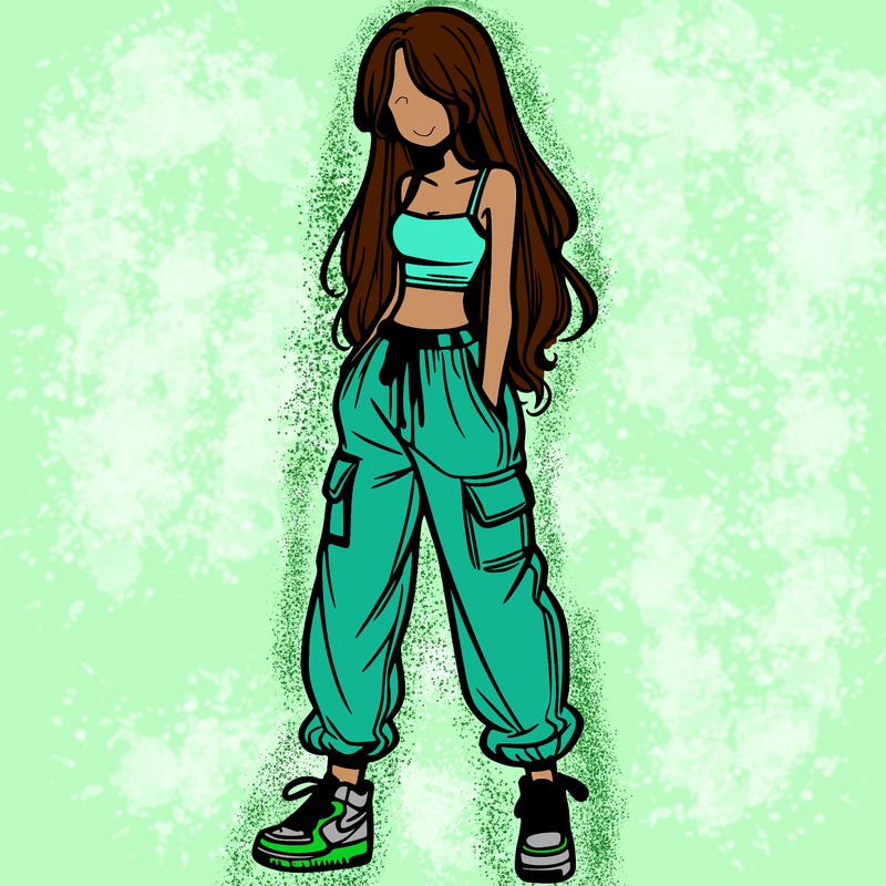 girl in baggy pants crop top and long hair