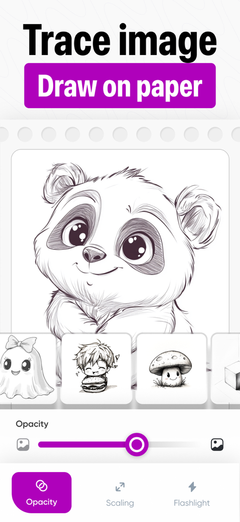 AR Drawing・Sketch Trace Draw - Interface de l'application de dessin RA montrant un modèle de panda et les commandes de croquis.
