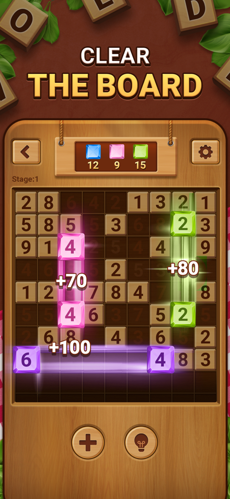 Woodber - Classic Number Game - Schermata del gioco mobile Woodber che mostra l'abbinamento di numeri logici su una tavola di legno