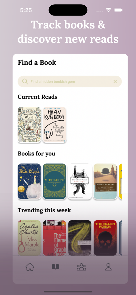 Mobile interface of Bookish app showing current reads and trending book recommendations