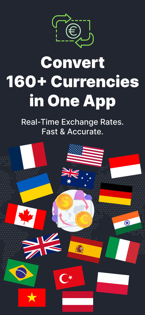 Currency Converter Pro Live - Currency Converter Pro Live promotional image showing over 160 global currencies with international flags