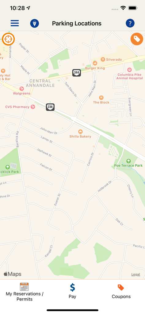 Map of parking locations in the Pango Parking mobile application