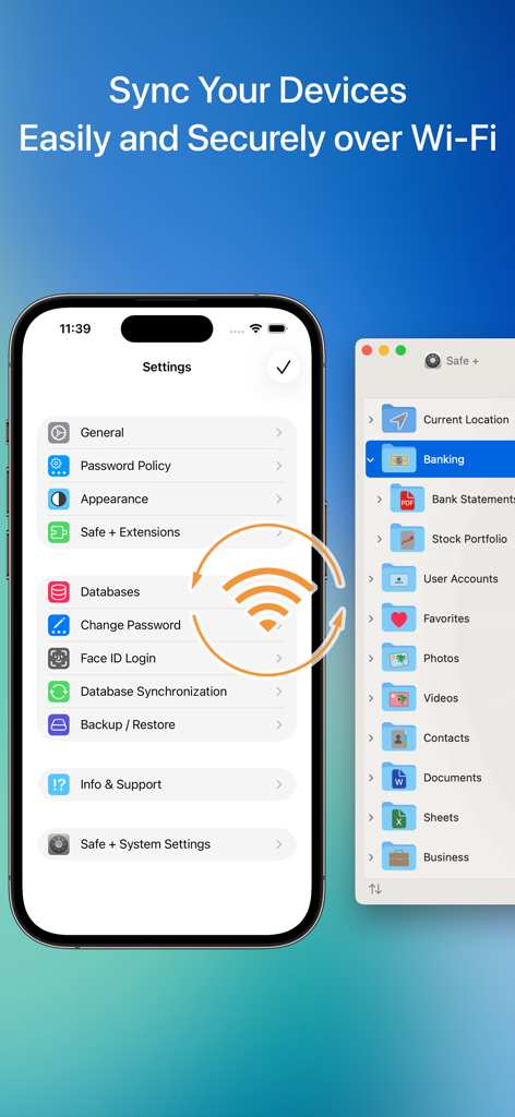 Safe +  Password Manager - Safe Plus App-Oberfläche zeigt sichere WLAN-Synchronisierung zwischen iPhone-Einstellungen und Mac-Desktop-Ordnern.