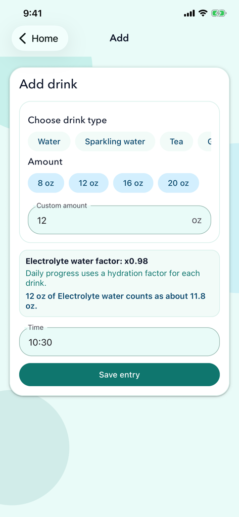 Waterly Water Tracker - Waterly app screen for logging drinks with hydration factor details