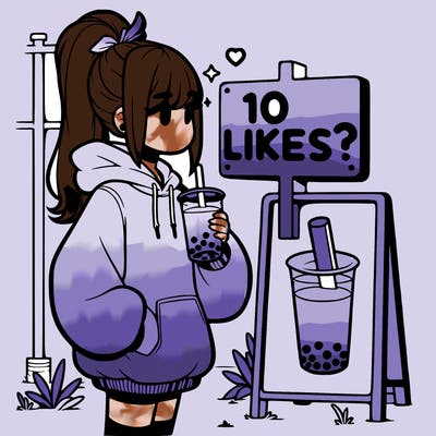 girl with oversized hoodie drinking boba and she has a high ponytail with a sign that says 10likes?