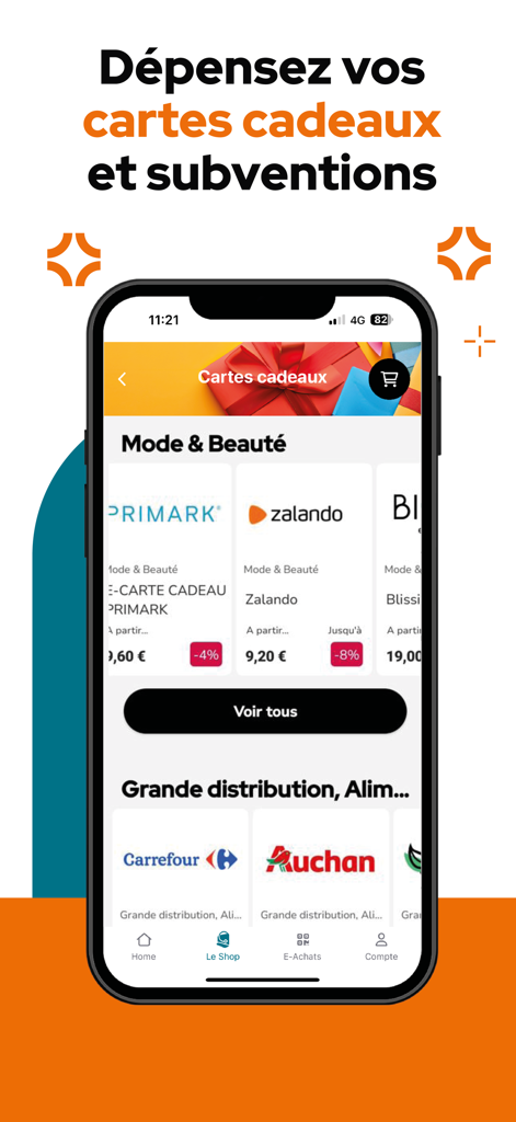 A smartphone screen displaying the advanGO app with various digital gift card offers for brands like Primark and Zalando.