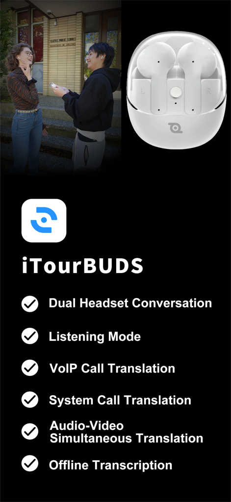 Eine Liste der iTourBuds-Funktionen, einschließlich VoIP-Anrufübersetzung, Konversation über zwei Headsets und Offline-Transkription.