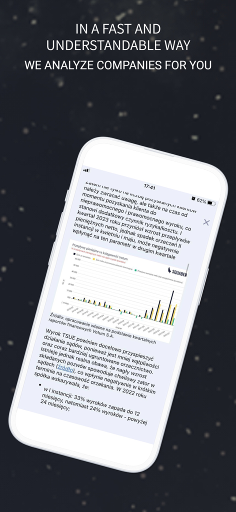 Interfaz de la aplicación Squaber mostrando análisis financiero experto y un gráfico de acciones de la empresa