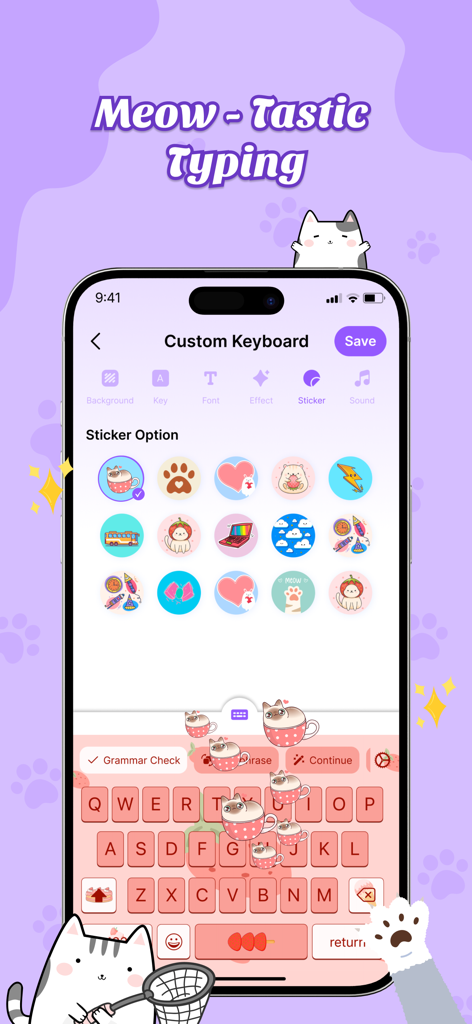 Cat Keyboard - Cute Kitty Skin - Captura de pantalla que muestra opciones de pegatinas con temática de gatos y un diseño de teclado rosa.