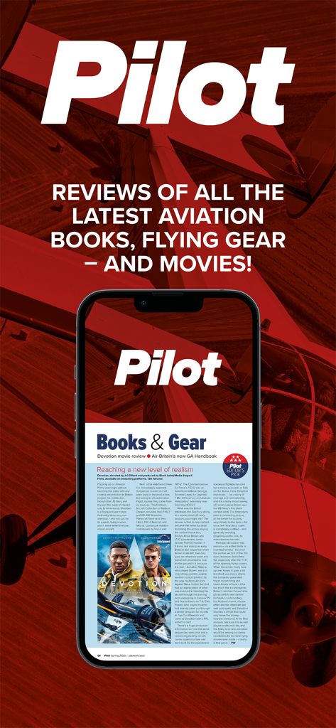 Smartphone mostrando la aplicación Pilot Magazine con reseñas de libros, equipos y películas de aviación