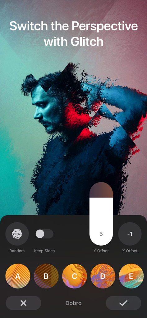 Trigraphy Photo Art Editor - Digital glitch art effect applied to a portrait in Trigraphy photo editor