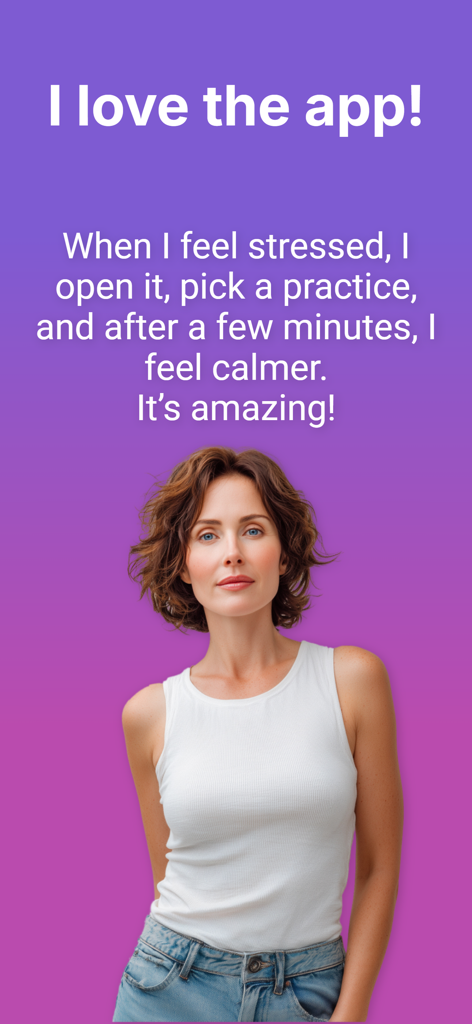 Relax Now: Mental Relaxation - Eine Frau lächelt mit einem Erfahrungsbericht über die Nutzung der Relax Now App zur schnellen Stressbewältigung und mentalen Entspannung