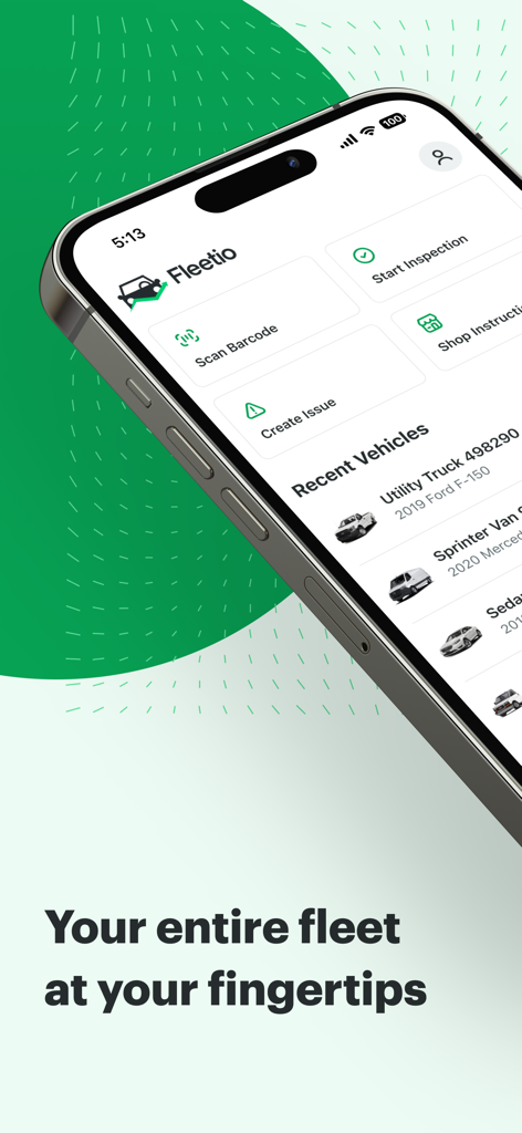 Smartphone displaying the Fleetio Go app dashboard with options for inspections and barcode scanning