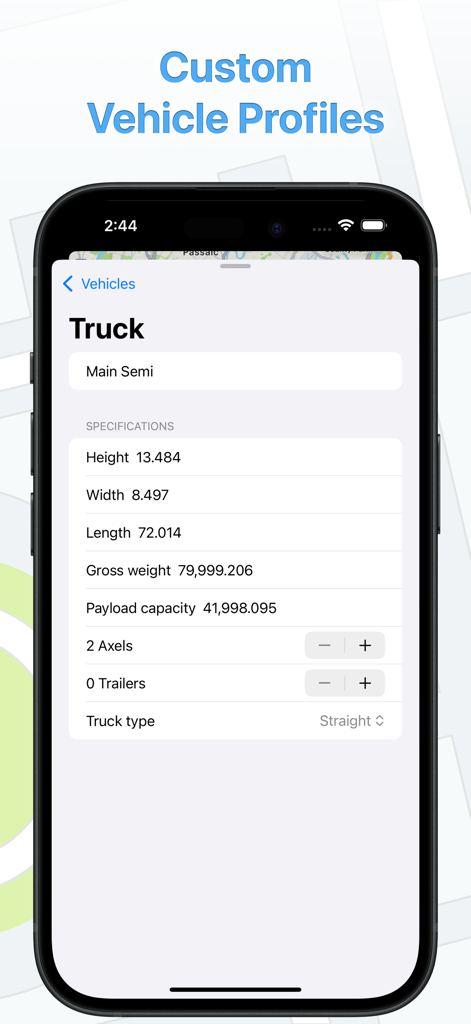 Impostazioni del profilo veicolo personalizzato per specifiche di altezza, peso e lunghezza nell'app Mappe Camion Navigazione