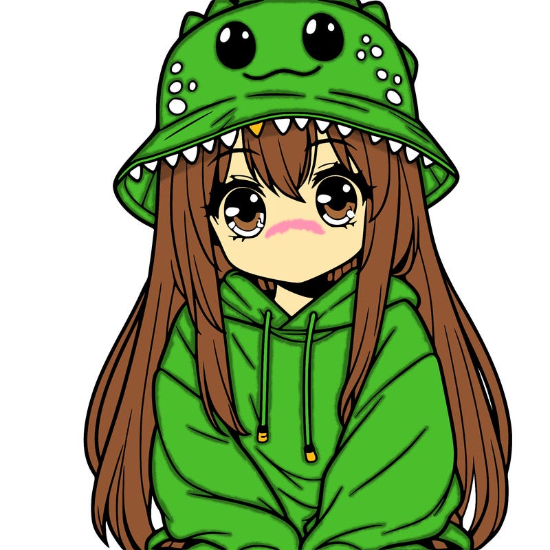 girl with anime shaped eyes with a dinosaur bucket hat oversized sweatshirt long straight hair