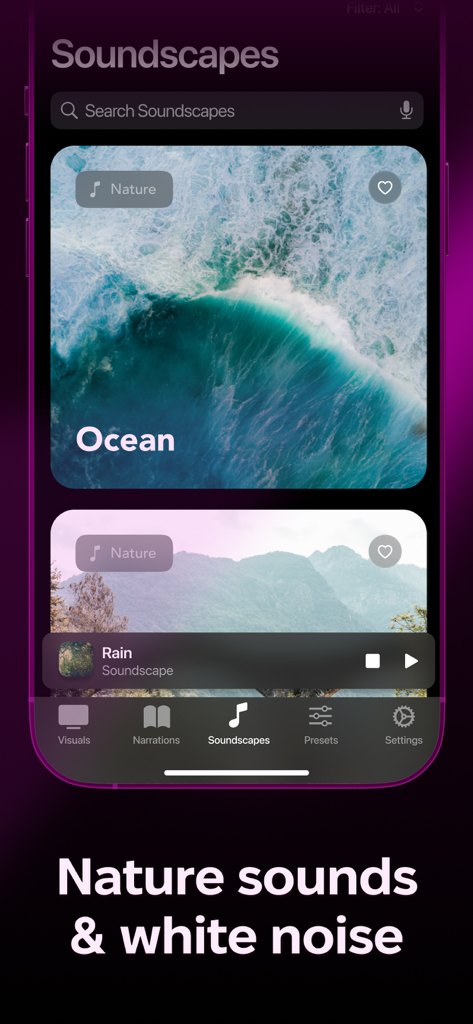 Mesmerize - Visual Meditation - Mesmerize app soundscapes interface featuring ocean and rain nature sounds