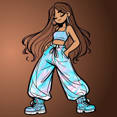 girl in baggy pants crop top and long hair