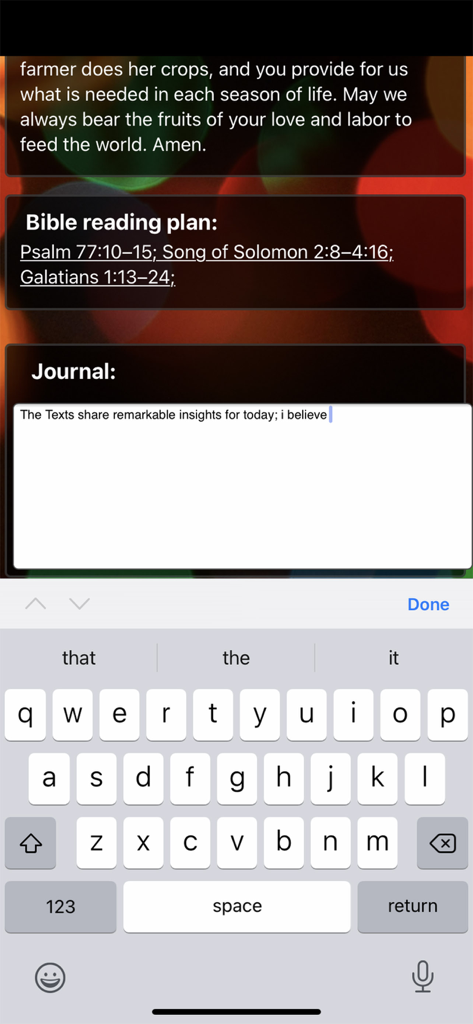 Moravian Daily Texts 2026 - Benutzeroberfläche der Brüder-Unität Losungen App mit einem Bibel-Leseplan und einem Tagebuchbereich mit einer Bildschirmtastatur