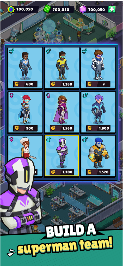 Idle Superpower School - Um menu de recrutamento em Idle Superpower School mostrando uma lista de diferentes personagens de super-heróis para formar uma equipe.