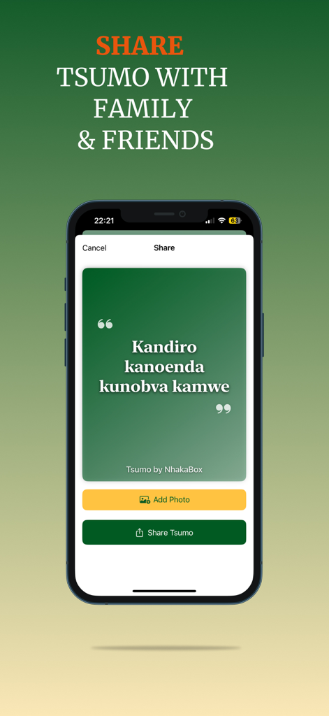 A mobile app screen from Tsumo by NhakaBox showing a Shona proverb with options to share and add a photo.