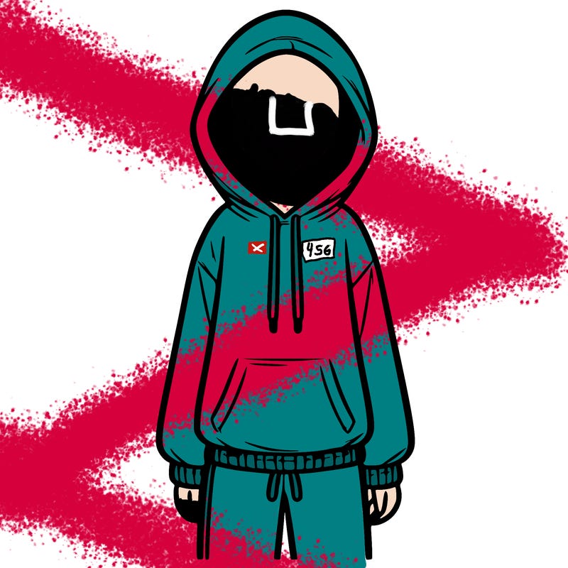 faceless girl in a tracksuit with a hood on and no hair